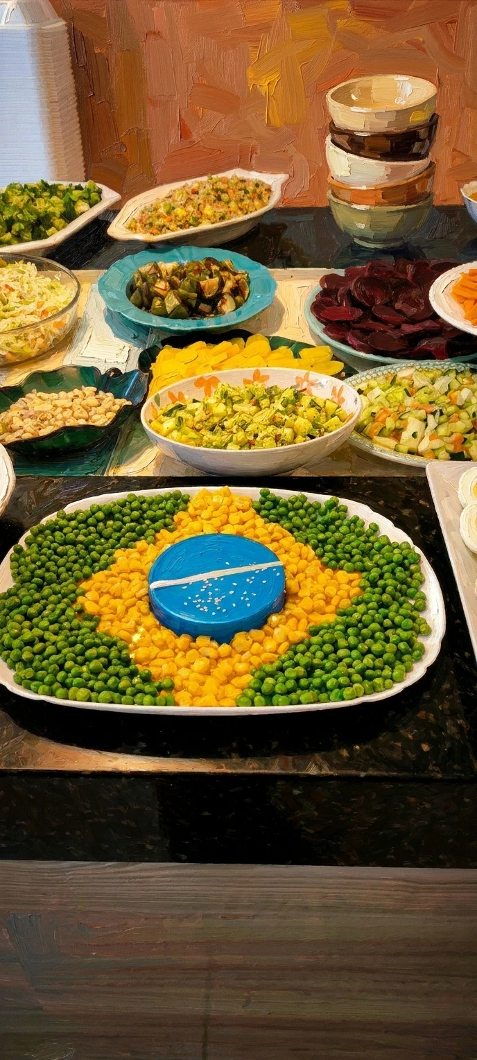Buffet do Bistrô Chef Lau com prato em forma da bandeira do Brasil (ervilha, milho e ovo) — Muzambinho/MG