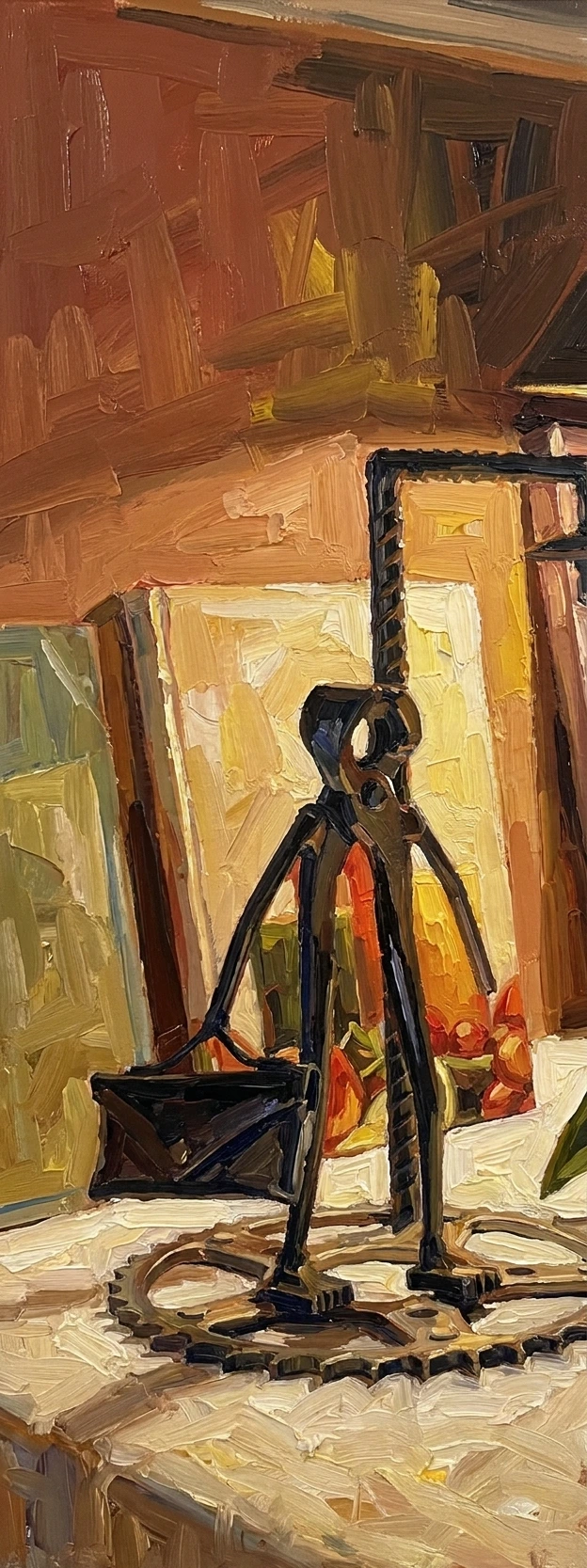 Escultura de figura humana com maleta, feita de peças de motor sobre engrenagem — obra de Cláudio Silveira, exposição no Bistrô Chef Lau, Muzambinho/MG